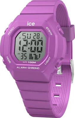 A purple digital watch is shown against a white background.
