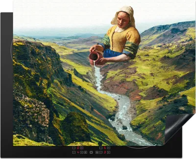 Produktbild von KitchenYeah© Herdabdeckplatte Milchmädchen - Wasser - Vermeer , 65x52cm, Küche Deko, Glaskeramikkochfeld Herdabdeckung, Abdeckplatte fùr Kochfeld