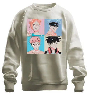 Imagen del producto de Póster de anime de Jujutsu Kaisen. Sudadera con cuello redondo uni, con la imagen de Gojo, Itadori, Fushiguro y Kugisaki. Color: natural. Talla: S
