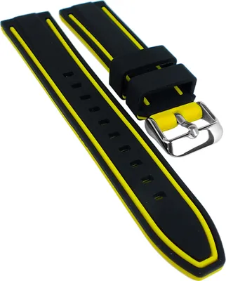 Produktbild von Minott | Uhrenarmband Silikon glatt weich schwarz/gelb Dornschließe, Stegbreite:22mm, Schließe:Silbern