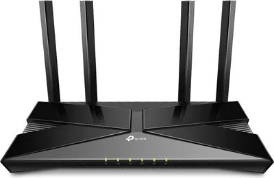 A black TP-Link Wi-Fi router with multiple antennas is shown against a white background.