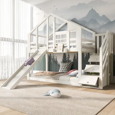 Produktbild von okwish Etagenbett Hochbett 90x200 cm mit Rausfallschutz, Hausbett Baumhaus mit Schublade und 2x Lattenrost, Kinderbett Stockbett(Ohne Matratze)- Weiß