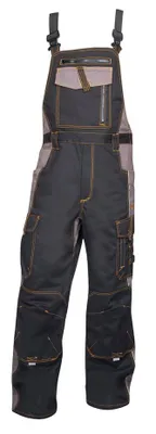 A pair of black and gray work overalls with multiple pockets and orange stitching, shown against a white background.