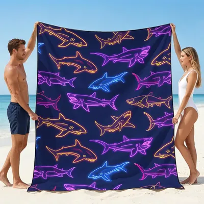 Immagine prodotto di Asciugamano da spiaggia in microfibra grande, con motivo neon a forma di squalo