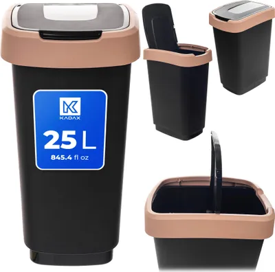 Produktbild von KADAX Mülleimer 25L, Abfalleimer mit Schwingdeckel, Abfallbehälter aus Kunststoff, Müllbehälter mit Deckel, Mülltrennsystem für Küche & Büro (schwarz-braun)