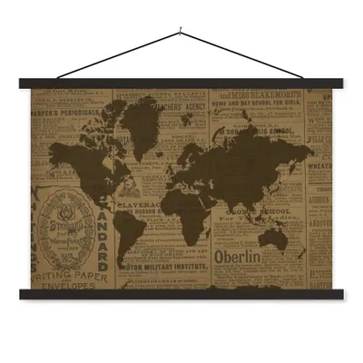 Produktbild von MuchoWow® Textilposter Weltkarte - Braun - Zeitungspapier 120x80 cm mit schwarzem Rahmen - Wanddeko