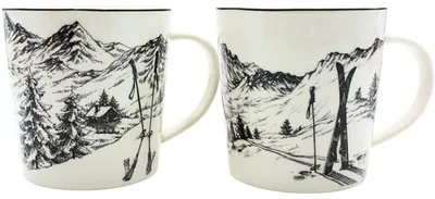 Produktbild von Porzellan Kaffeetassen 2er Set 450 ml, Große Kaffeebecher und Glühweintassen mit Winter- und Skimotiv in Schwarz-Weiß, Weihnachtsbecher für Kaffee, Tee, Kakao, Punsch und Glühwein, 13 x 9,5 x 10 cm