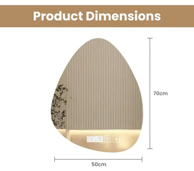 Obrázek produktu pro Zrcadlo do koupelny s nepravidelným tvarem – LED nástěnné zrcadlo – 50 x 70 cm – s funkcí proti zamlžování – dotykové ovládání – 3 teploty barev – paměť nastavení jasu – bez rámu