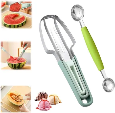 Produktbild von Edelstahl Melonenschneider 3-in-1 mit Kugelausstecher und Obstgabel