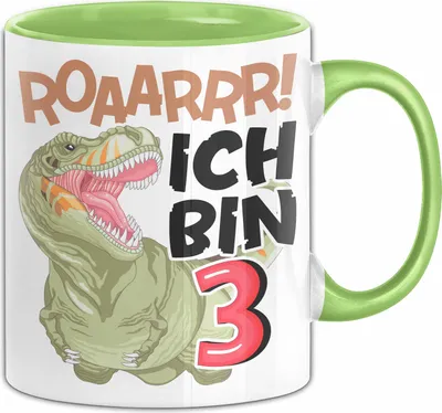 Produktbild von 3. Geburtstag Geschenk Tasse Becher Jungs Dino T-Rex Roaarrr Ich Bin 3 (Grün)