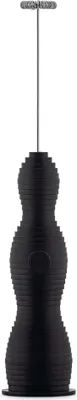 A black milk frother with a ribbed, hourglass shape.