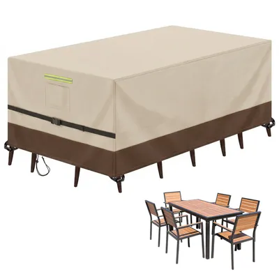Obrázek produktu pro (180 × 120 × 74 cm) Voděodolný kryt na zahradní nábytek z materiálu 600D Oxford, obdélníkový ochranný kryt pro venkovní sedací soupravu, s reflexními úchyty, odvětráváním a ochranou proti větru, béžovo-hnědý