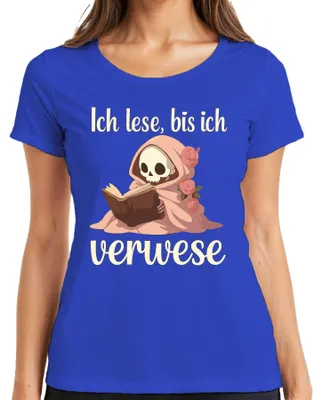 Productafbeelding van Ik lees tot ik verdwaal. Boekenwurm, leeshobby, skelet, Halloween, dames T-shirt, blauw, maat M