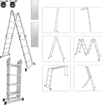 Immagine prodotto di TolleTour 6 in 1 Scala multiuso Scala articolata in alluminio Scala pieghevole 470cm Scala multifunzionale Scala in alluminio Con piattaforma Fino a 150KG 4 X 4 gradini Argento