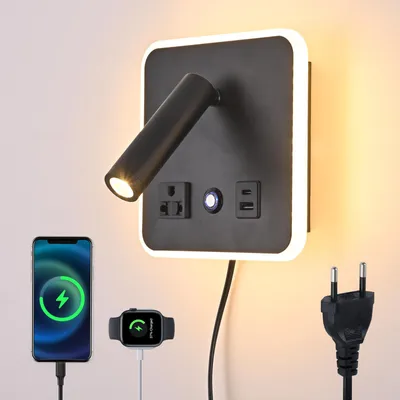 Imagen del producto de Aplique de pared regulable con sensor táctil y puertos USB