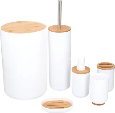 Produktbild von alpina Badezimmer Set 6 Teilig - Bambus Badaccessoires - Toilettenzubehörset mit Spender, Mülleimer, Zahnbürstenhalter, Zahnputzbecher, Toilettenbürste und Seifenschale - Weiß