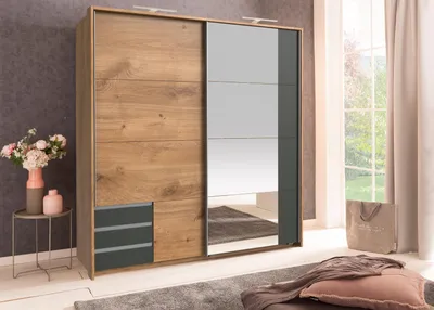 Produktbild von Schwebetürenschrank Schrank Kleiderschrank Schiebetürenschrank "Eugenio IV" Plankeneiche/Graphit
