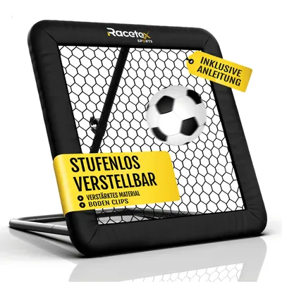 A soccer rebounder with a soccer ball in the net, presented against a white background.