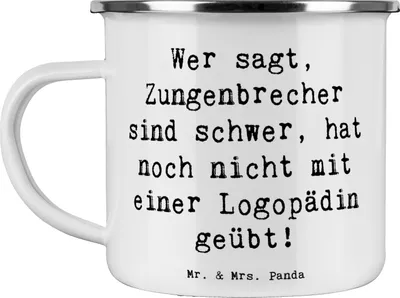 Produktbild von Mr. & Mrs. Panda becher emaille Spruch Training mit Logopädin - Weiß - Geschenk, Teetasse, Outdoor, Berufsliebe, Beruf, Berufsprodukte, Geschenke für Berufstätige, Tasse