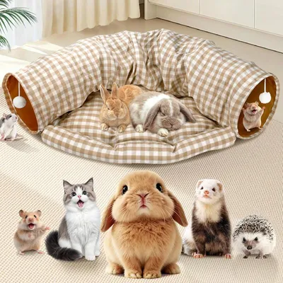 Produktbild von 2-in-1 Kaninchen Tunnel Bett, faltbar, 125cm, mit Kissen, waschbar, Plüsch & Stahl – für Zwergkaninchen, Chinchilla, Meerschweinchen