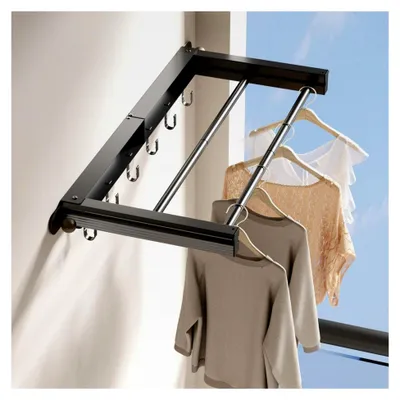 Produktbild von Wandmontierter Wäscheständer, 70 cm Ausziehbarer Wandtrockner, Faltbarer Wäscheständer mit 8 Haken, Platzsparender Wandwäschetrockner für Innen- und Außenbereich, Balkon