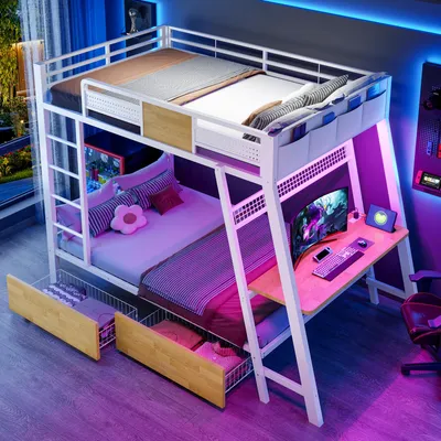 Obrázok produktu pre Merax, kovová poschodová posteľ 90x200 cm s herným stolíkom, detská posteľ s LED pásikom a zásuvkami, posteľ pre mládež s úložnými košíkmi, biela