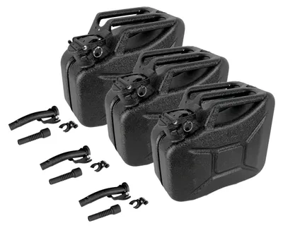 Produktbild von 3x Benzinkanister Kraftstoffkanister Metall 10 L Hammerschlag kratzfest schwarz inkl. Ausgießer + Halter