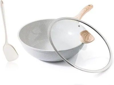 Zdjęcie produktu dla Patelnia Wok ceramiczna 30 cm - Patelnia do gotowania na indukcjach z pokrywką, powłoka nieprzywierająca, nadaje się do wszystkich rodzajów kuchenek, wolna od PFOA i PFAS, kolor: szary - zdrowe gotowanie