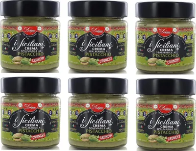 Produktbild von 6x Dolgam I Siciliani Crema Spalmabile al Pistacchio Crunchy Knusprige Pistazien Streichfähige Creme Pistazien-Streichcreme mit Gehackten Pistazien 200g Frei von Palmöl Glutenfrei