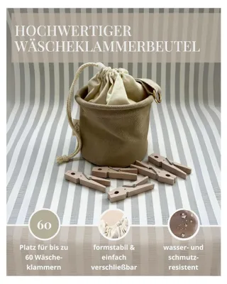 Produktbild von Wäscheklammerbeutel aus hochwertigem Canvasstoff, Klammerkorb mit Karabiner, Platz für 60 Klammern, verschließbarer Beutel für Wäscheklammern, beige