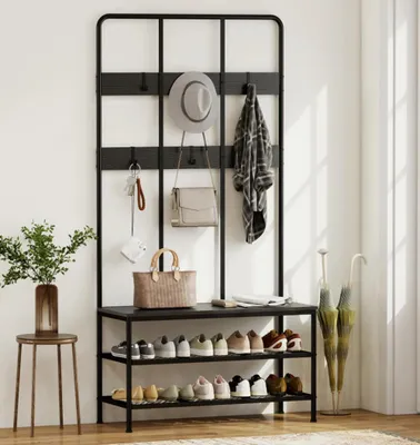 Produktbild von 3-in-1 Garderobenständer, Schuhregal, Kleiderhaken, Sitzbank, Schuhregal, Metall, Schwarz