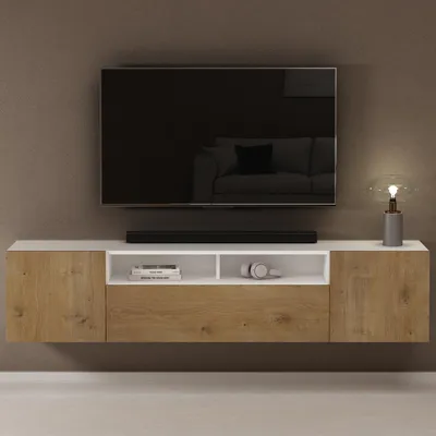 Image de doporro Meuble TV Bas 180x34,4x39cm Armoire TV Blanc Mat+Marron Clair Table de Télévision Salon avec 3 Portes Meuble TV Suspendu Fernsehschrank03