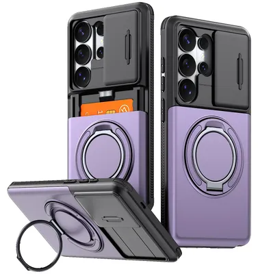 Image de Coque de protection pour Samsung Galaxy S26 Ultra avec porte-cartes, protection coulissante pour l'appareil photo, support anneau et protection anti-chocs, couleur violette