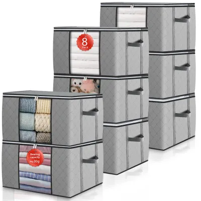 Produktbild von GoMaihe 90L Aufbewahrungstasche 8 Stück, Aufbewahrungsbox mit Deckel Groß Verstärkte Griffe, Kleidung Umzugskartons für Bettdecken, Unterbett Aufbewahrung Kleiderschrank Boxen Organizer Grau
