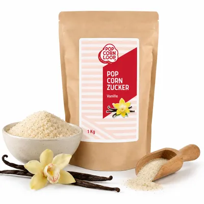 Produktbild von Popcornzucker Vanille 1000 g mit Bourbon-Vanille Zucker Vanillin Popcorn Mais Gewürz zum Verfeinern Kochen Backen Dessert Müsli Joghurt, KI-generiertes Bild