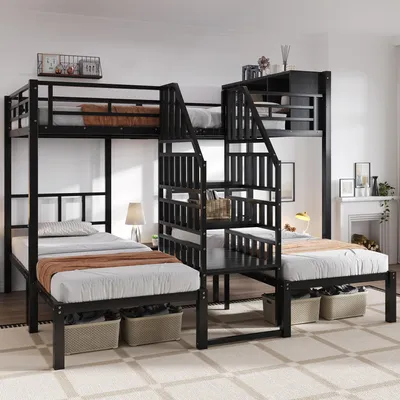A black metal bunk bed with three sleeping areas and stairs in a room.