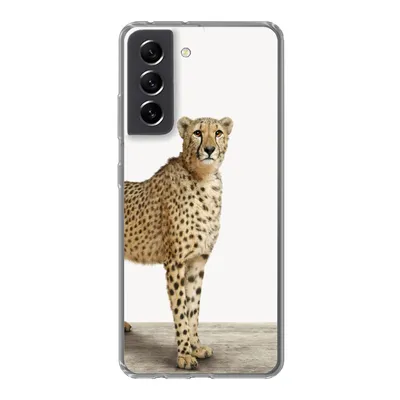 Produktbild von MuchoWow® Handyhülle Schutzhülle Hülle für Samsung Galaxy S21 FE Leopard - Tiere - Weißer Hintergrund - Kinder - Jungen - Mädchen Silikon Softcase Handy Hülle - Mobiltelefonhülle