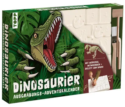 Obrázek produktu pro Dinosaury – Adventní kalendář s archeologickou výkopkou. 24 skvělých překvapení k vykopání a objevování: Velká výkopová deska s 24 překvapeními. Součástí je nářadí a návod