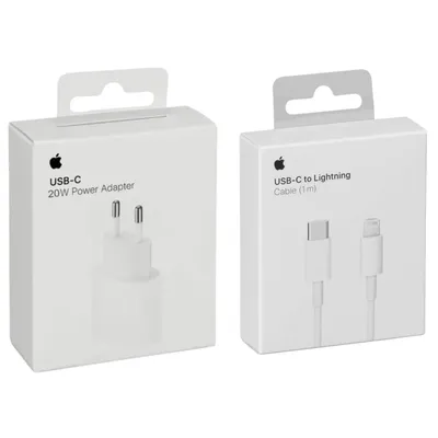 Two white product boxes, one showing a power adapter and the other a charging cable.