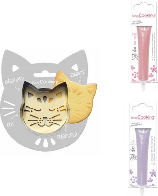 Produktbild von Relief-Katzen-Keks-Set + 2 pastellrosa und fliederfarbene Schokoladenstifte