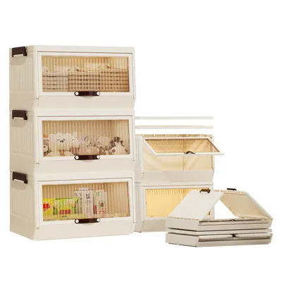 Several stacked storage boxes and one open storage box are displayed against a white background.