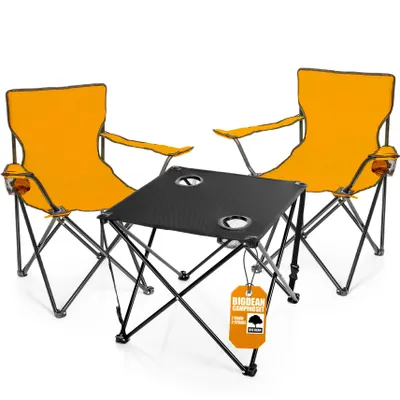 Produktbild von BigDean 2 Stück Campingstuhl mit Campingtisch faltbar – Faltstuhl in Neon Orange mit Getränkehalter & Tragetasche ideal für Camping, Festival & mehr