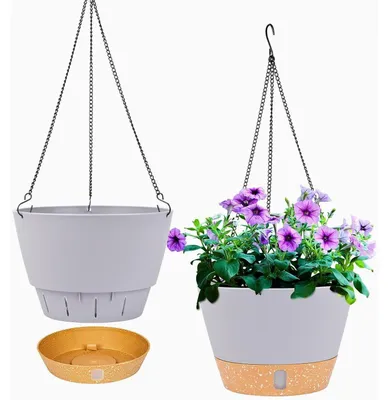 Immagine prodotto di Set di 2 vasi pensili, diametro 25,4 cm, ideali per interni ed esterni, con foro di drenaggio e gancio, colore grigio chiaro