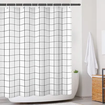 Image de Rideau de douche 180 x 200 cm, blanc, imperméable, en polyester, lavable, séchage rapide, avec 12 anneaux et un ourlet lesté.