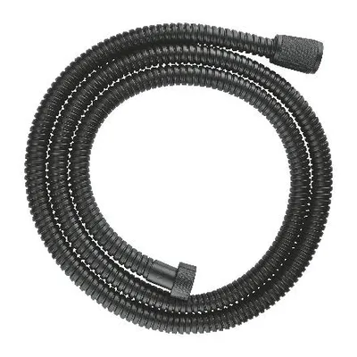 A black shower hose coiled on a white background.