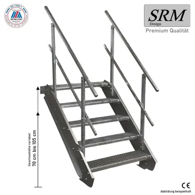 Obrázek produktu pro pětistupňové ocelové schodiště na obou stranách. Šířka zábradlí 70 cm Výška schodiště 70-105 cm