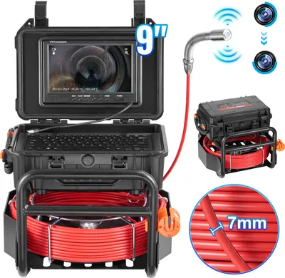 A product image showcasing a pipe inspection camera system with a 9-inch screen, a coiled red cable, and a camera head with LED lights.