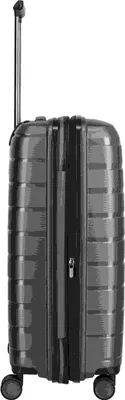 A side view of a dark gray suitcase with a telescopic handle extended.