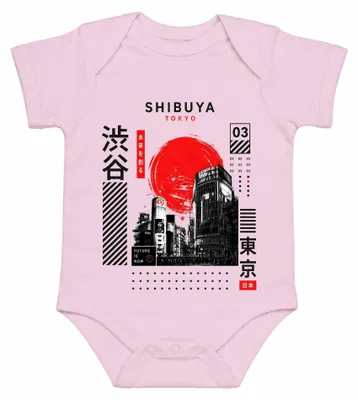 Productafbeelding van Tokyo Future Is Now Shibuya, Japan. Retro stadsbeeld, grunge, Y2K, cyberpunk. Babybody, roze, maat 3/6