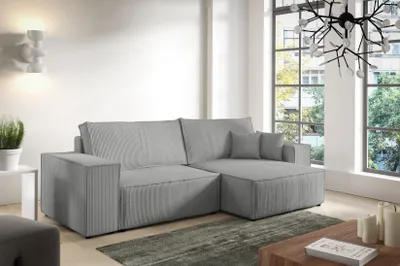 Produktbild von Ecksofa ANTONIO - MINI POSSO 255x148x70 cm; L-Form mit Schlaffunktion und Bettkästen in Hellgrau / Cordbezug, Schenkel / Ottomane rechts oder links